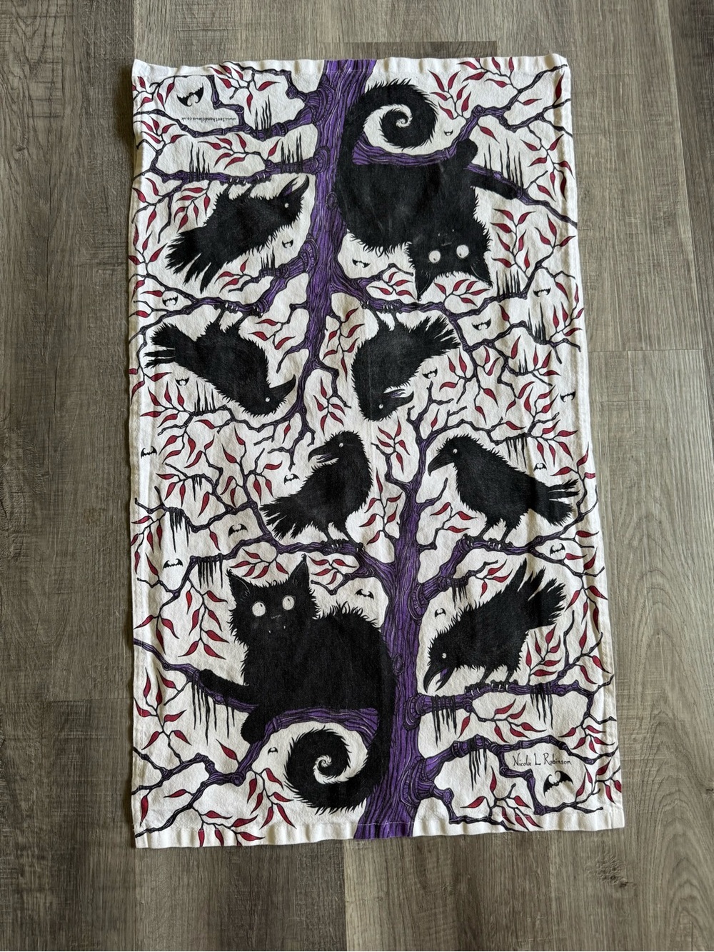 Halloween Tea Towel Black Cats Ravens Teeth and Claws Nicola L Robinson Gothic